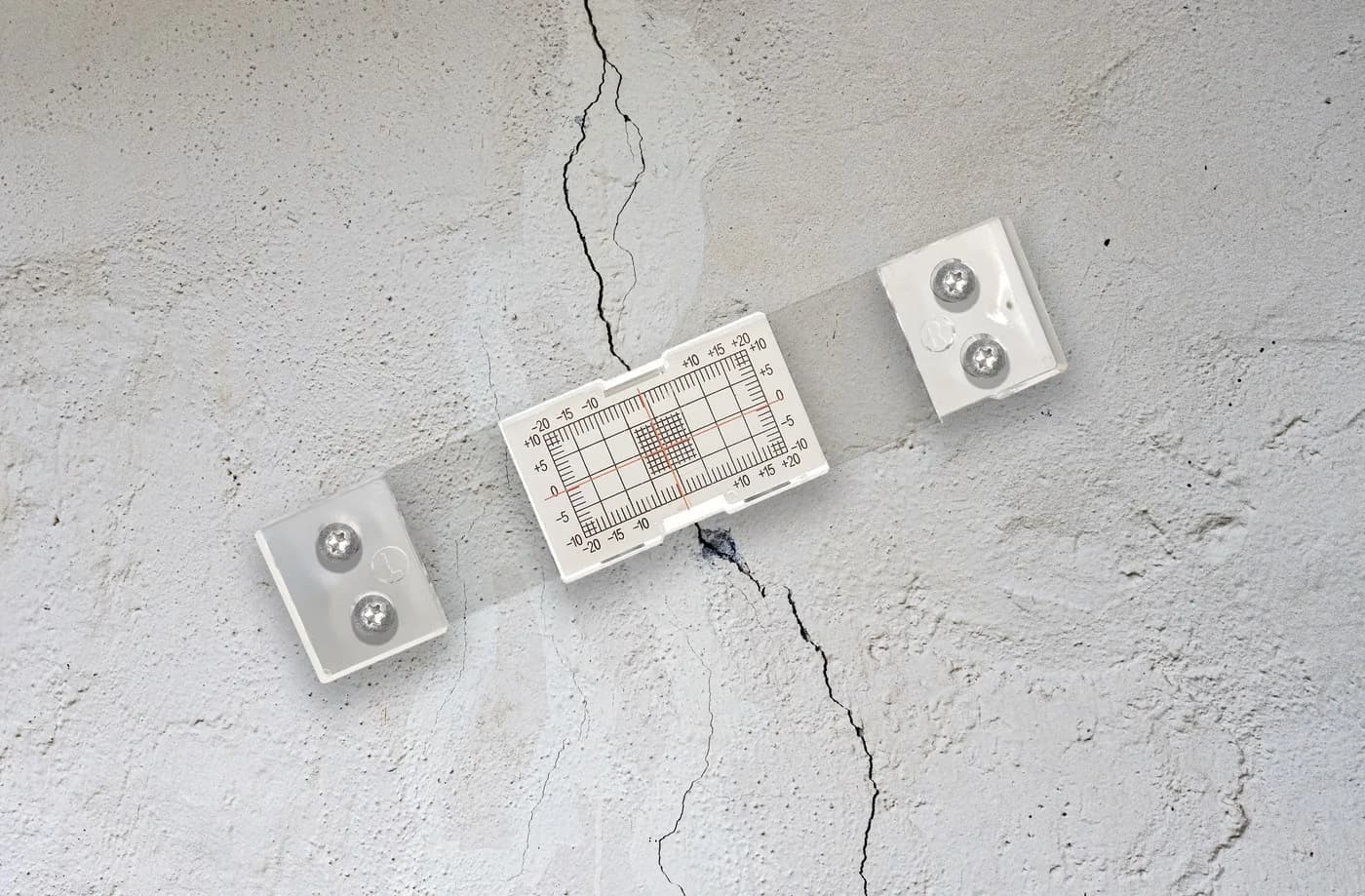 Risssiegel auf einer Betonwand, der Riss läuft durch das Messraster
